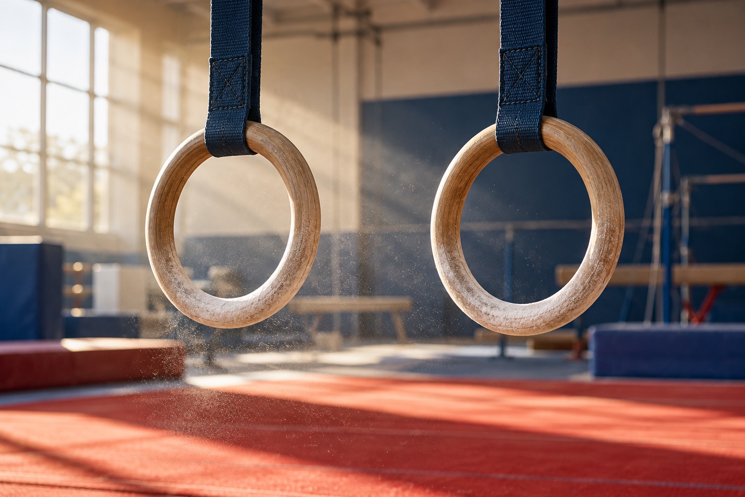 Illustrative wooden gymnastics rings in warm light; not Flame’s facility
